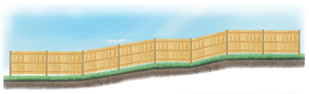 A stepped fence on sloped ground in Lufkin Texas